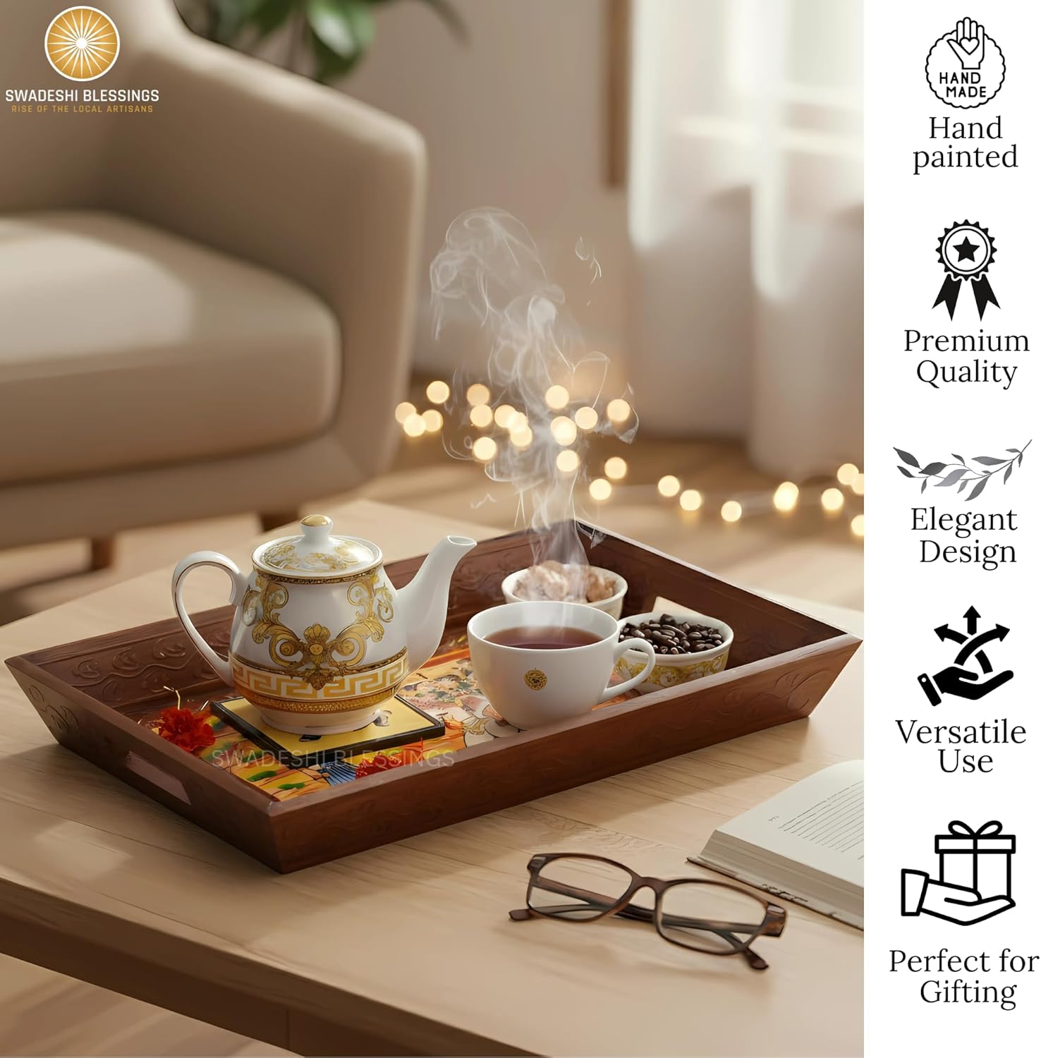 Swadeshi Blessings Wooden Serving Tray Set- Handcrafted & Hand-Painted for Kitchen/Table & Home Decor/Dinning/Gifts/Restaurants/Living Room/Coffee Table (Set of 3 Trays) (Brown)